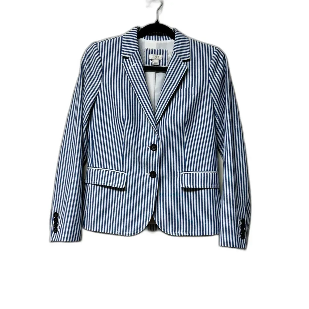 J. CREW FACTORY Blue/White Striped 2 Pocket 2 Button Blazer, Cotton Blend, Sz 2